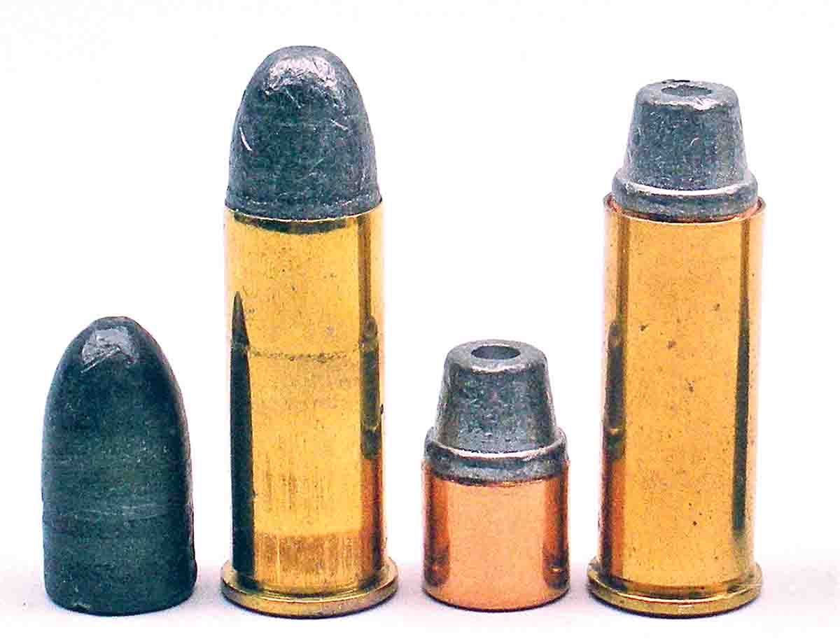 When cast or jacketed bullets, such as the original lead roundnose and Speer half-jacket semiwadcutter shown here in .44 S&W Special cases, lack a crimping groove, use the overall loaded length recommended in loading manuals and/or factory specifications.